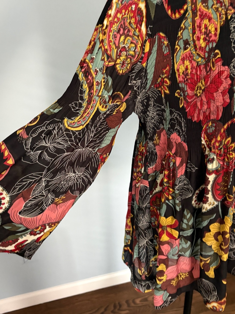 Spense Black Floral Keyhole Tunic with Red, Yellow, Pink and Green Accents - Picture 2 of 5